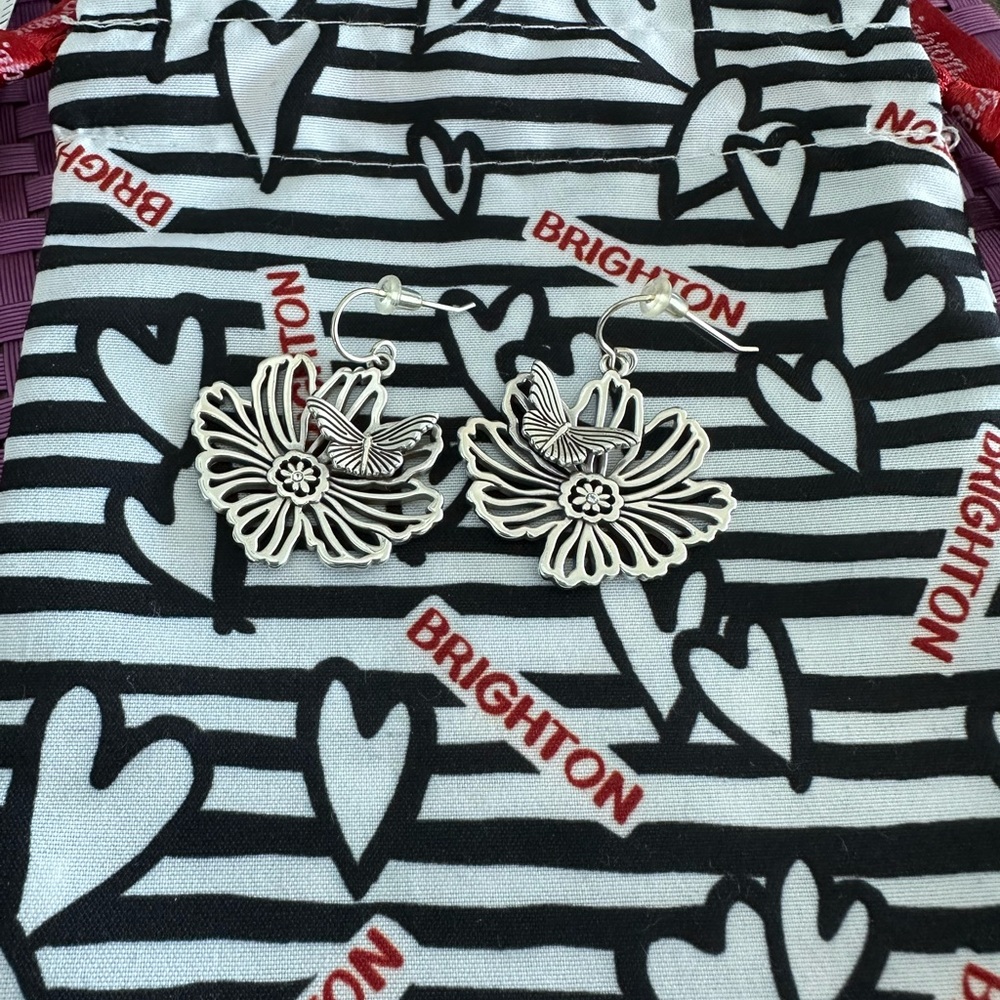 Brighton Silver Flower and Butterfly Drop Earrings - Picture 2 of 5